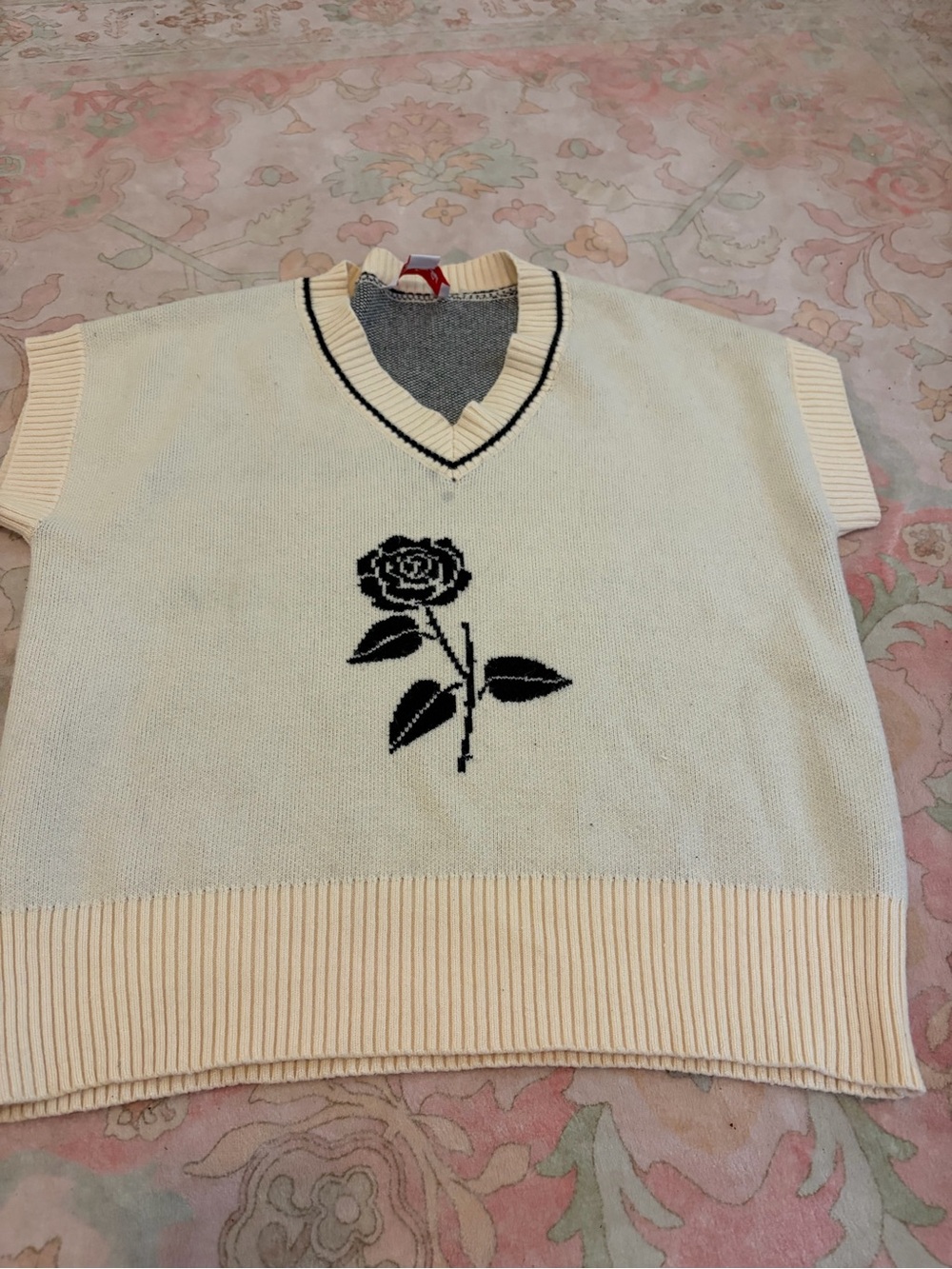 Cream Knit V-Neck Rose Sweater Vest